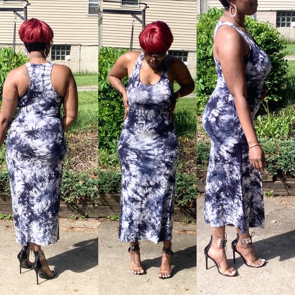 NAVY/WHITE TANK TOP RACERBACK TIE DYE MAXI DRESS - Picture 3 of 4